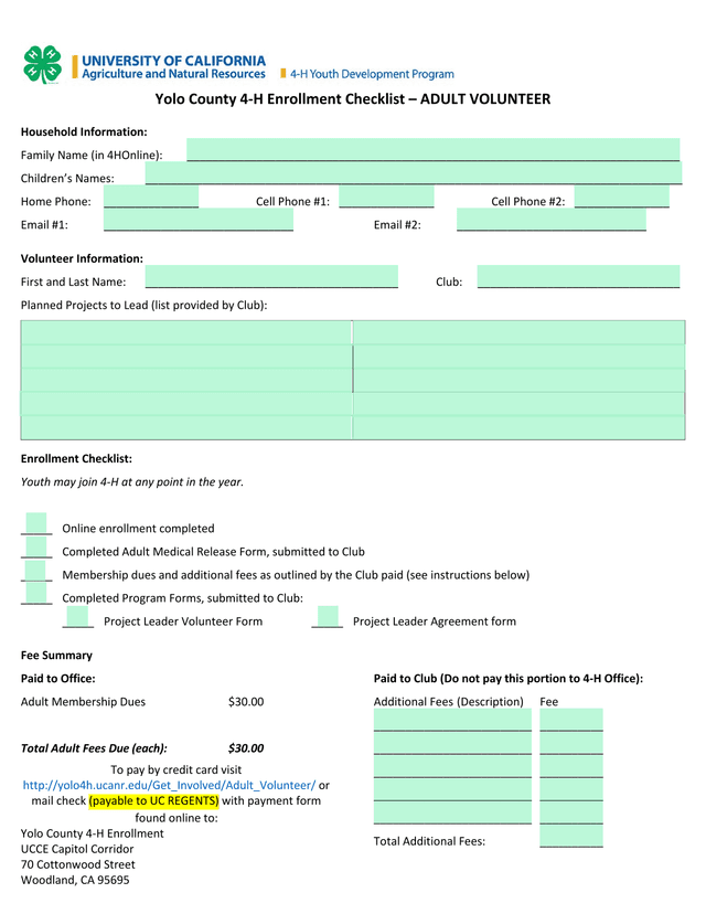 Yolo County 4 H Enrollment Checklist  ADULT VOLUNTEER screenshot