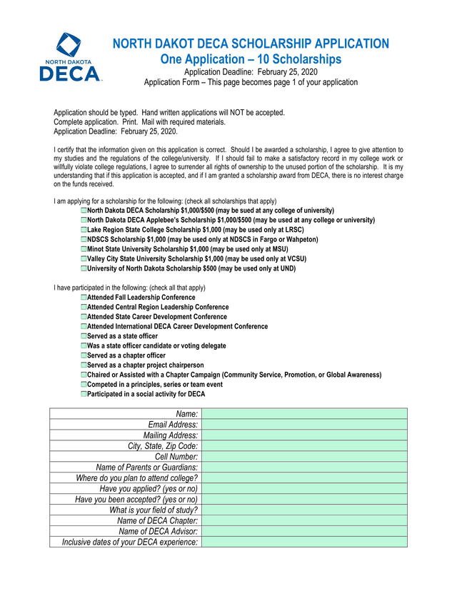 North Dakota DECA Scholarship Application screenshot