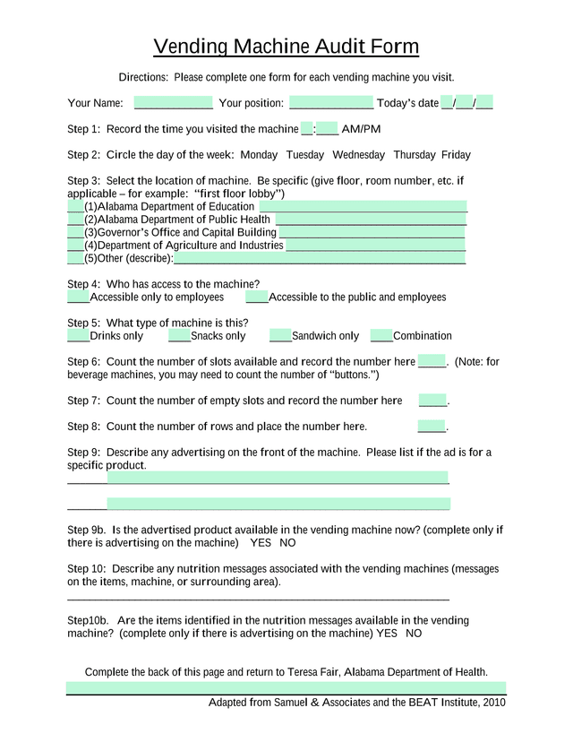 Vending Machine Audit Form screenshot