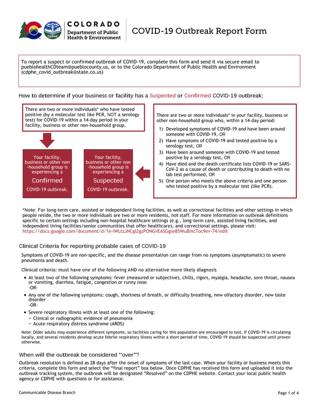 COVID 19 Outbreak Report Form screenshot