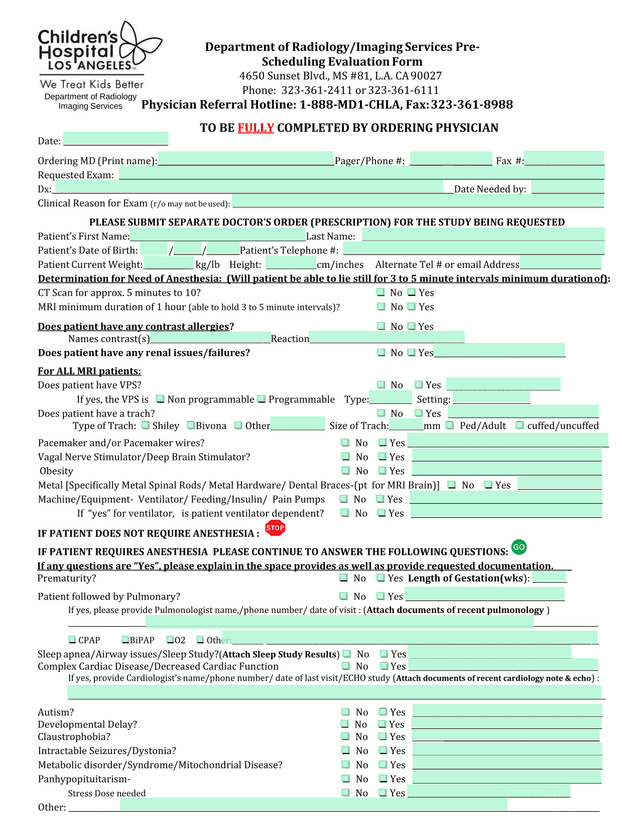 Department Of RadiologyImaging Services Pre Scheduling Evaluation Form screenshot