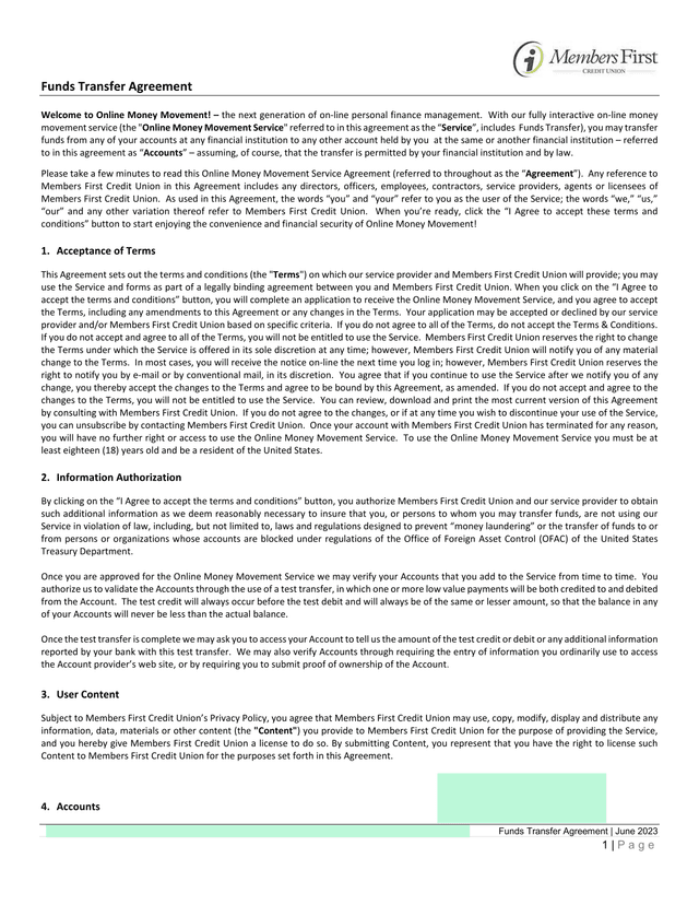 Funds Transfer Agreement screenshot