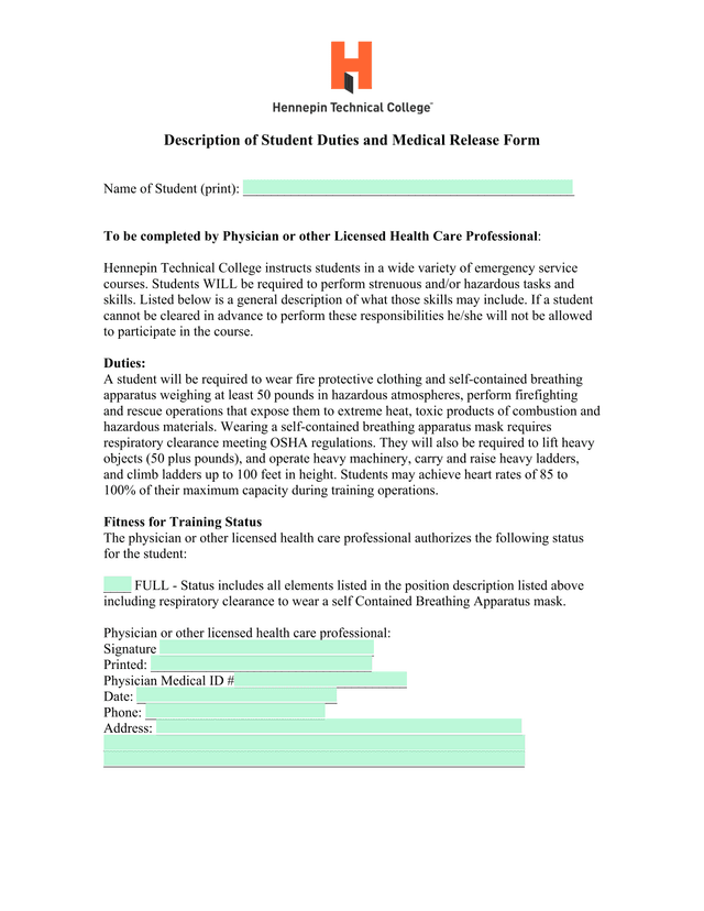 Description Of Student Duties And Medical Release Form screenshot