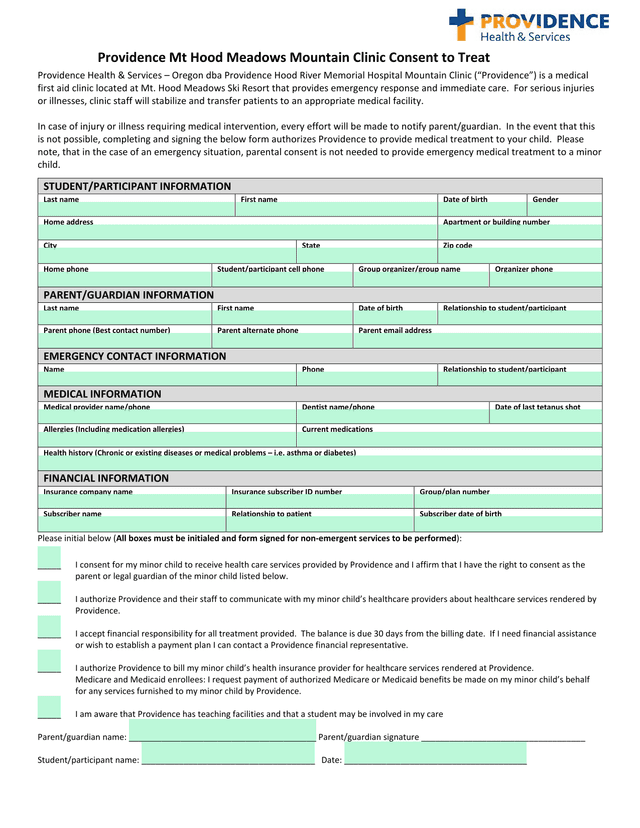 Providence Mt Hood Meadows Mountain Clinic Consent To Treat screenshot