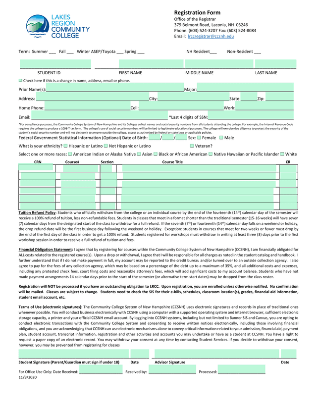 Student Registration And Course Enrollment Form screenshot