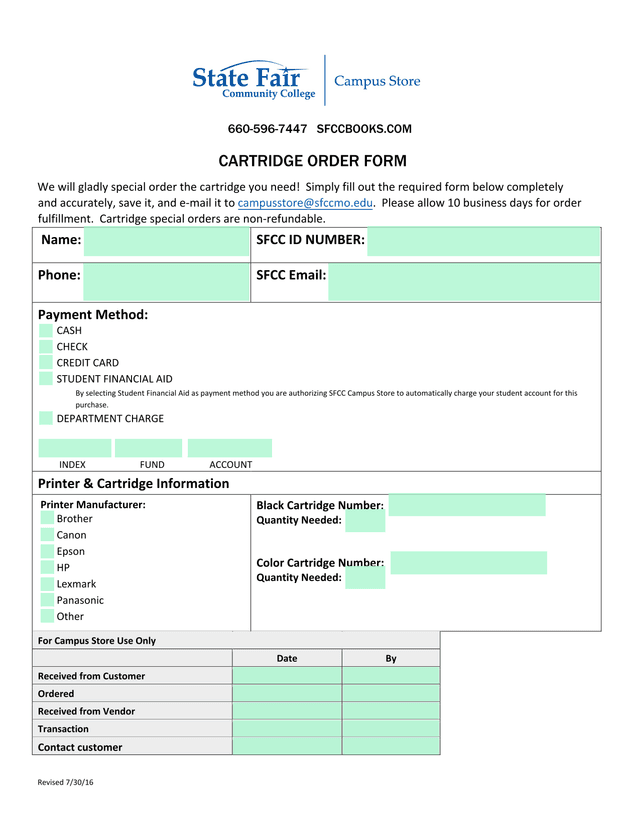 CARTRIDGE ORDER FORM screenshot