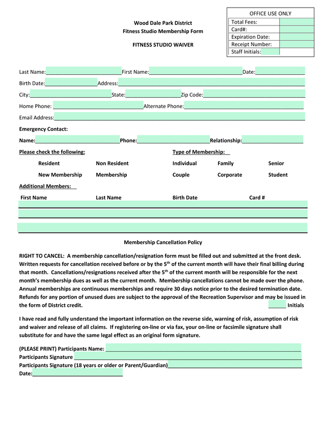 Fitness Studio Membership Form screenshot