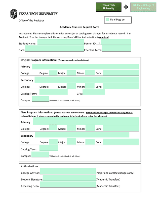 Academic Transfer Request Form screenshot