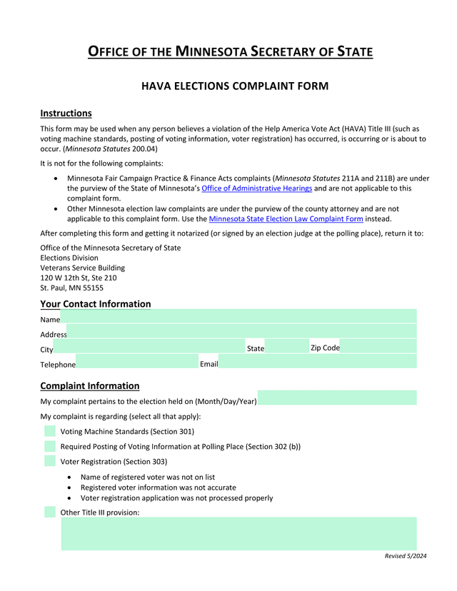 HAVA Elections Complaint Form screenshot
