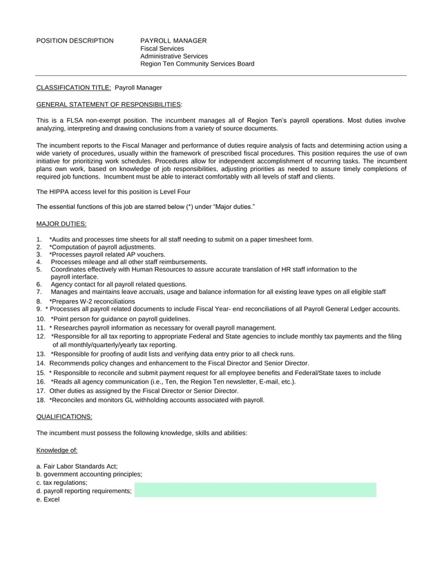 POSITION DESCRIPTION   PAYROLL MANAGER screenshot