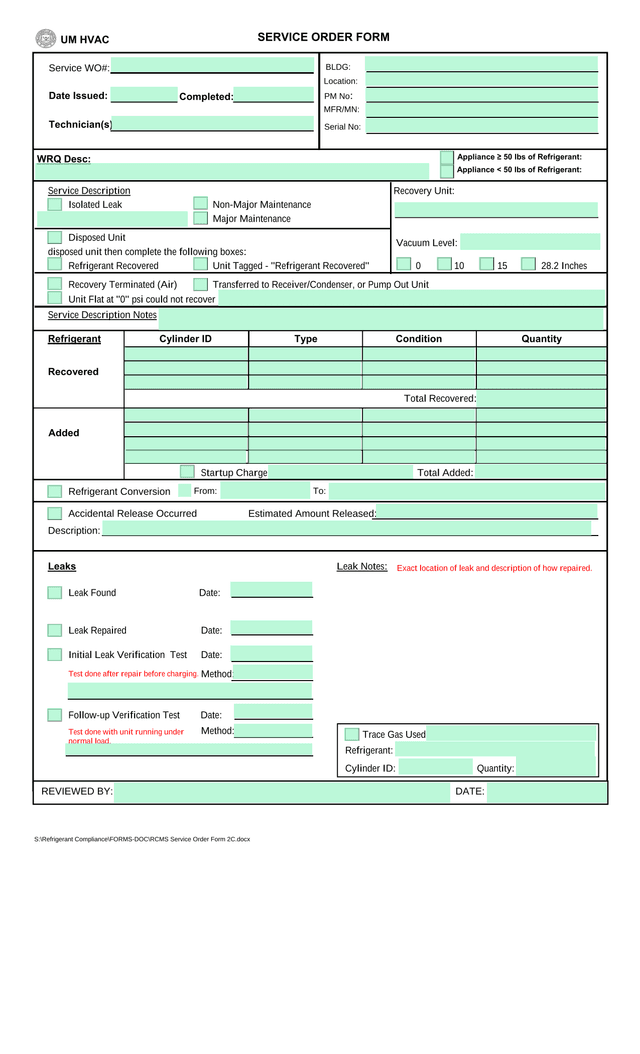 SERVICE ORDER FORM screenshot