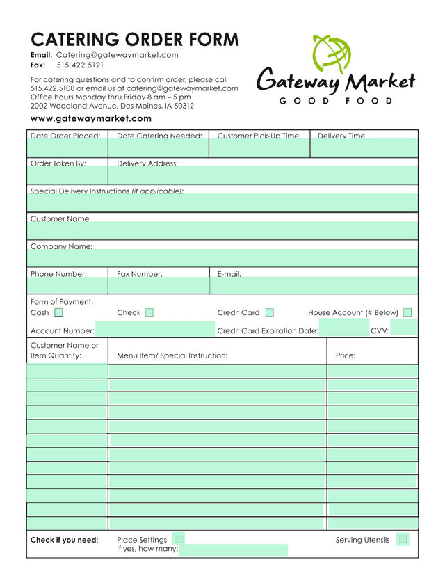 CATERING ORDER FORM screenshot