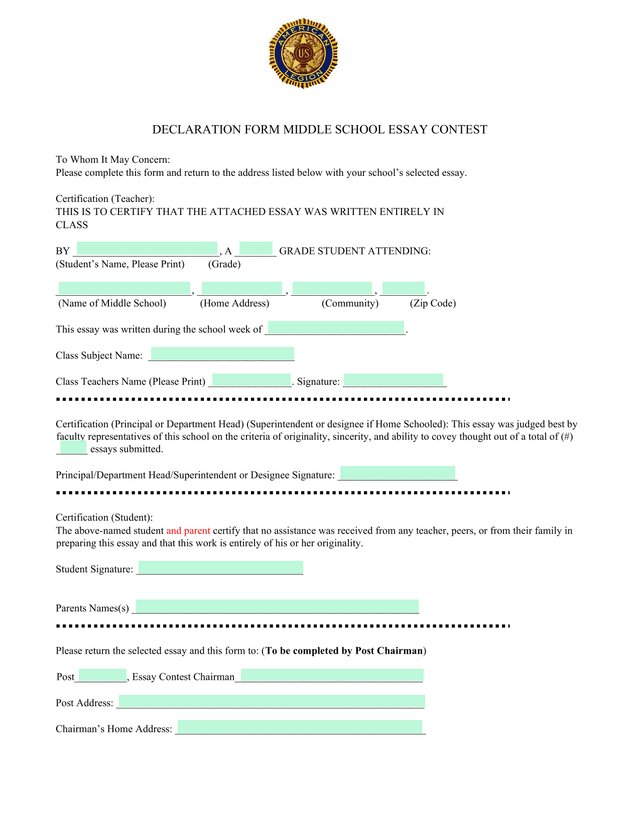 Declaration Form Middle School Essay Contest screenshot