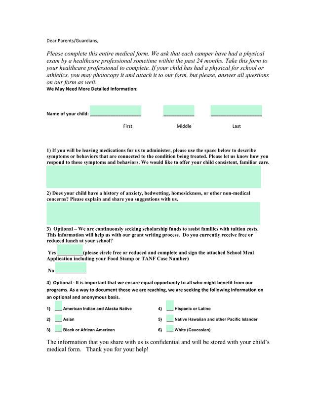 Camp Medical Form screenshot