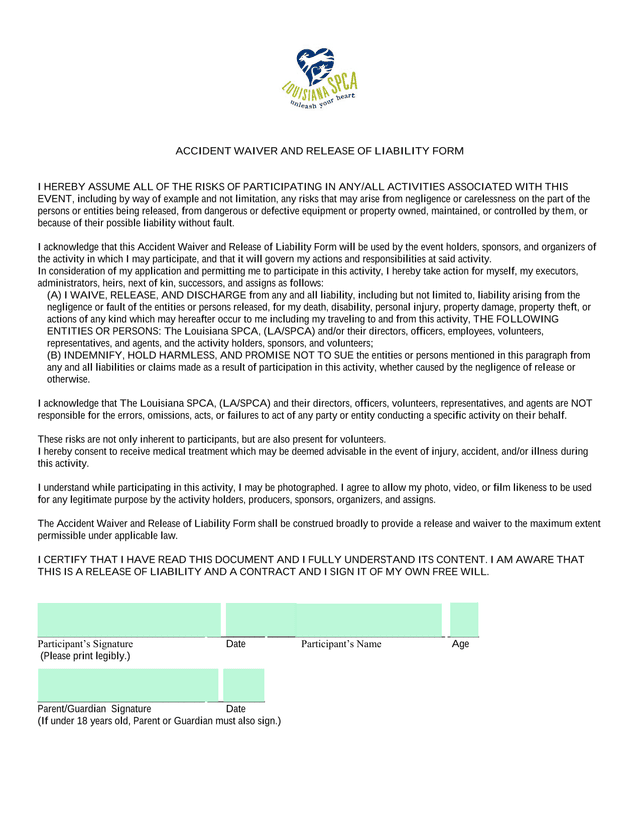 Accident Waiver And Release Of Liability Form screenshot