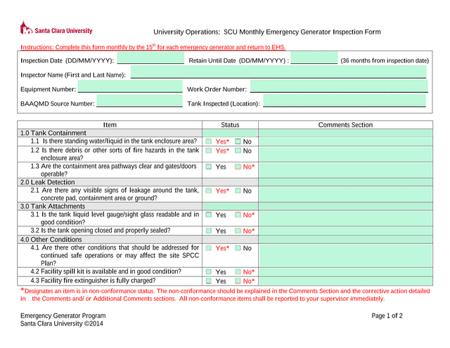 SCU Monthly Emergency Generator Inspection Form screenshot