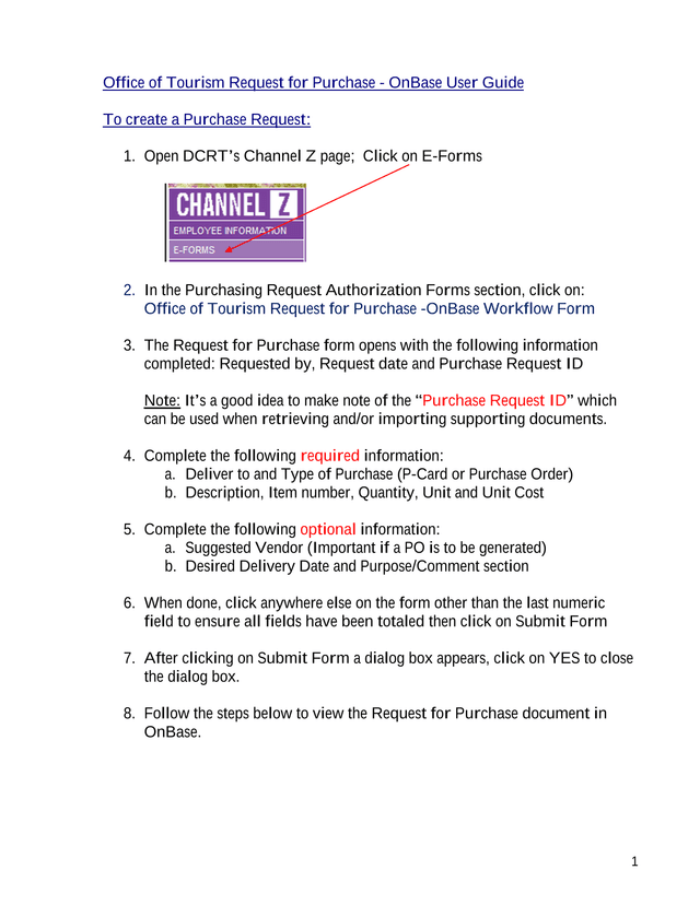 Office Of Tourism Request For Purchase   OnBase User Guide screenshot