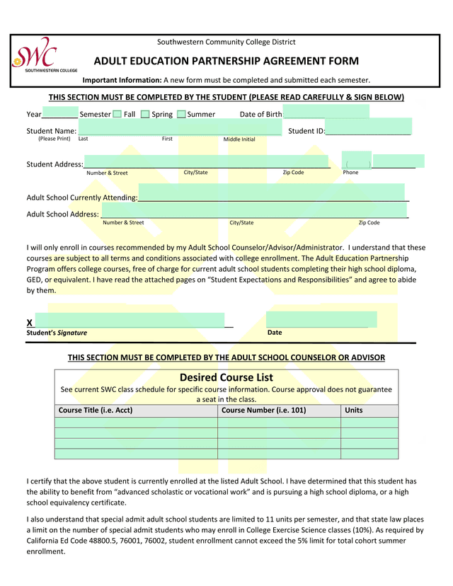 Adult Education Partnership Agreement Form screenshot