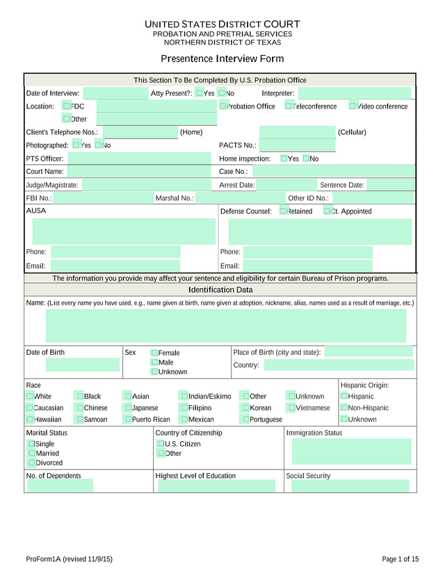 Presentence Interview Form screenshot