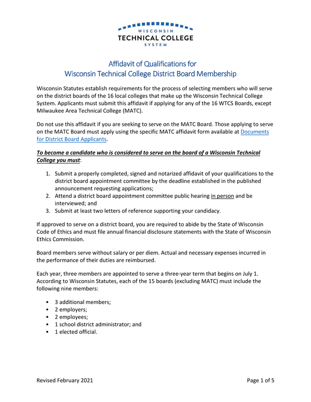 Affidavit Of Qualifications For Wisconsin Technical College District Board Membership screenshot