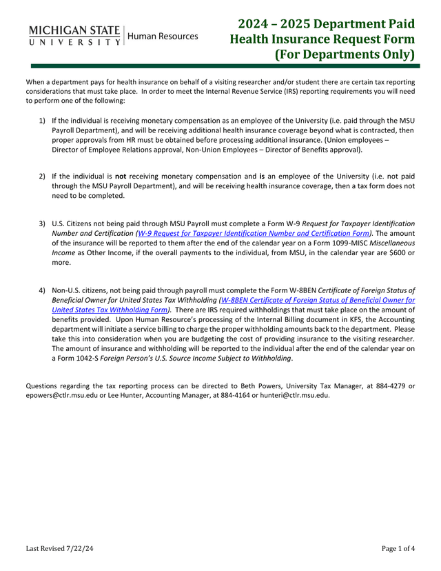2024  2025 Department Paid Health Insurance Request Form screenshot