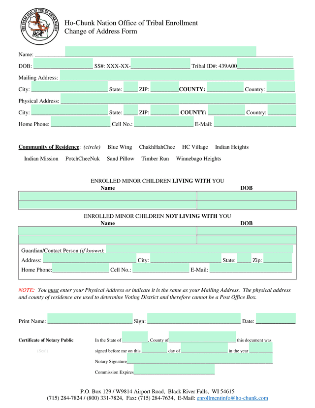 Ho Chunk Nation Office Of Tribal Enrollment Change Of Address Form screenshot