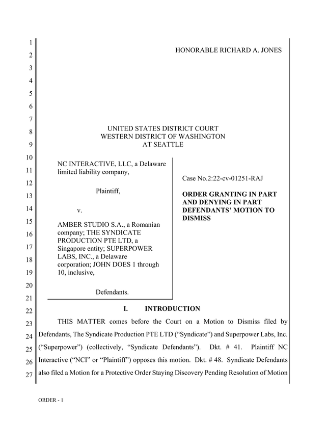 ORDER GRANTING IN PART AND DENYING IN PART DEFENDANTS MOTION TO DISMISS screenshot