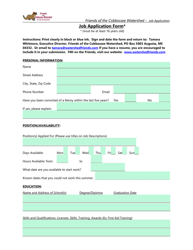 Friends Of The Cobbossee Watershed   Job Application screenshot