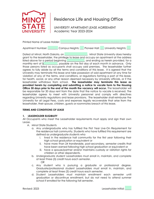 University Apartment Lease Agreement screenshot