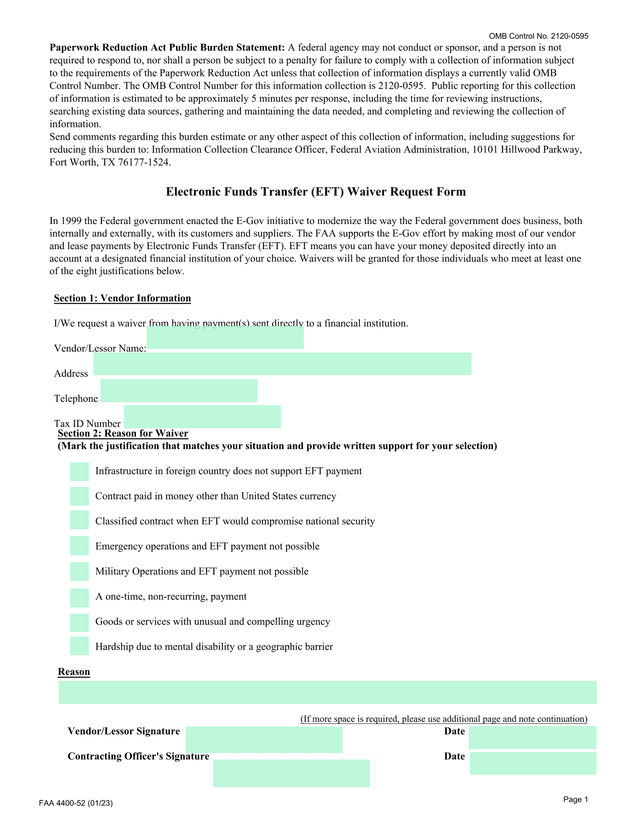 Electronic Funds Transfer (EFT) Waiver Request Form screenshot