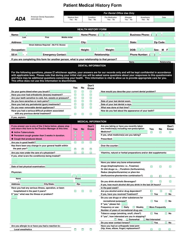 Patient Medical History Form screenshot