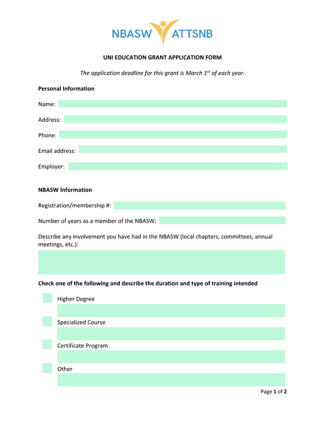 UNI Education Grant Application Form screenshot