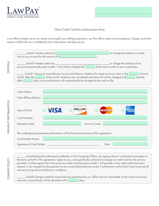 Client Credit Card Pre Authorization Form screenshot