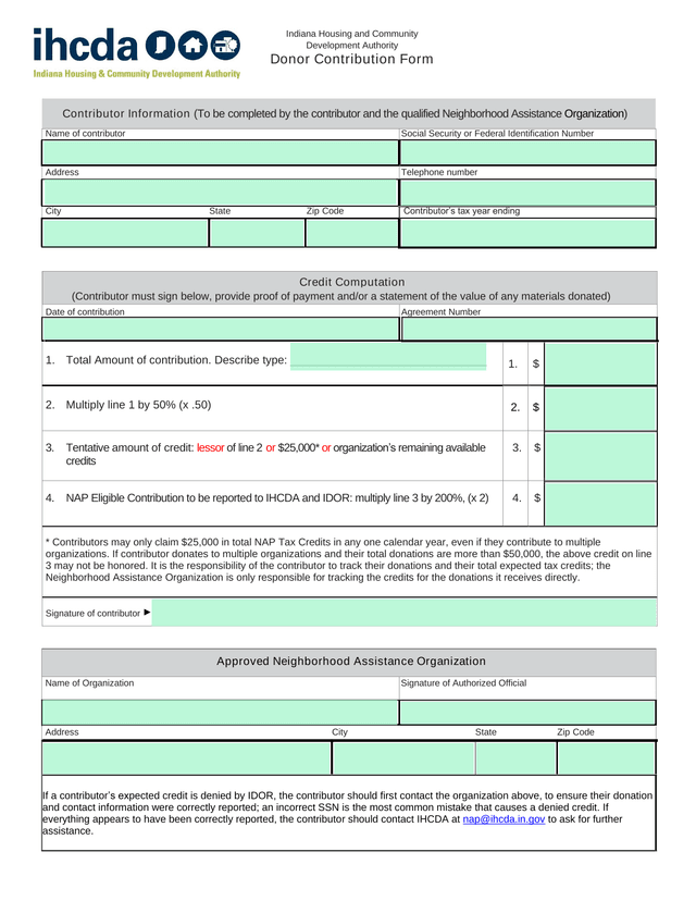 Indiana Housing And Community Development Authority Donor Contribution Form screenshot