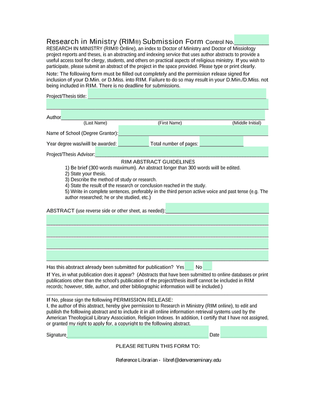 Research In Ministry (RIM) Submission Form screenshot