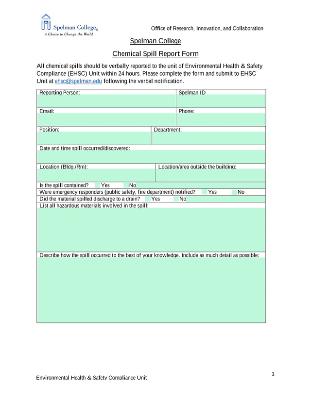 Chemical Spill Report Form screenshot