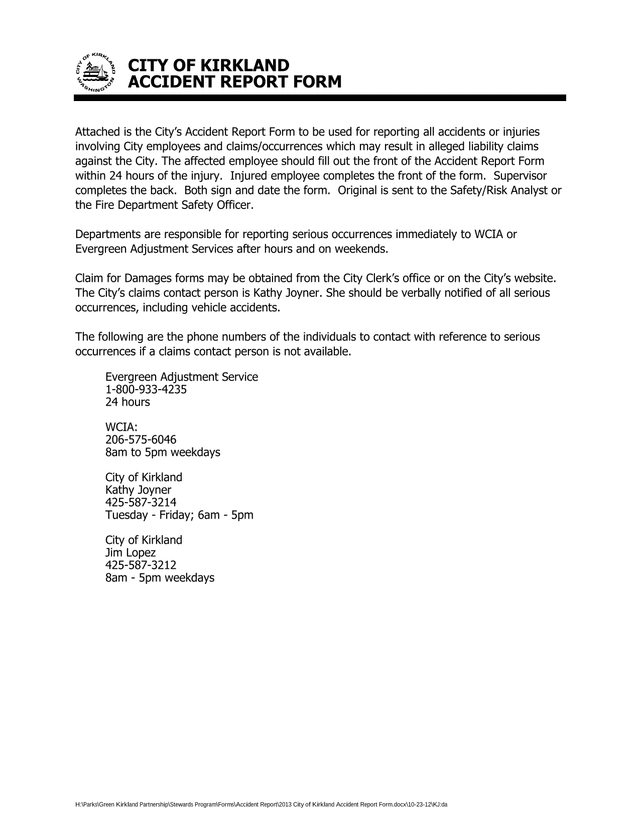 City Of Kirkland Accident Report Form screenshot