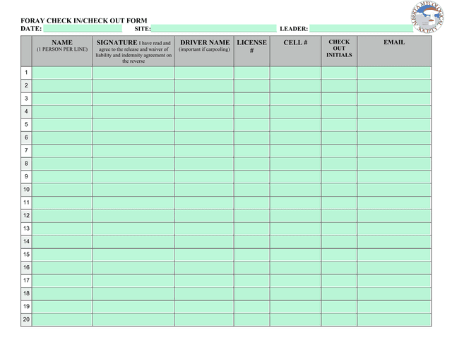 FORAY CHECK INCHECK OUT FORM screenshot