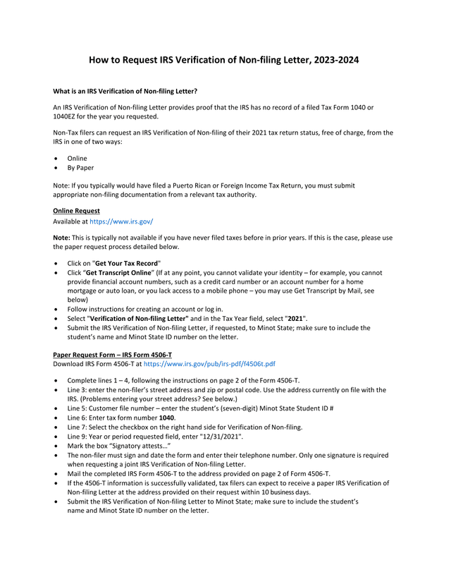 IRS Verification Of Non Filing Letter (2023 2024) screenshot