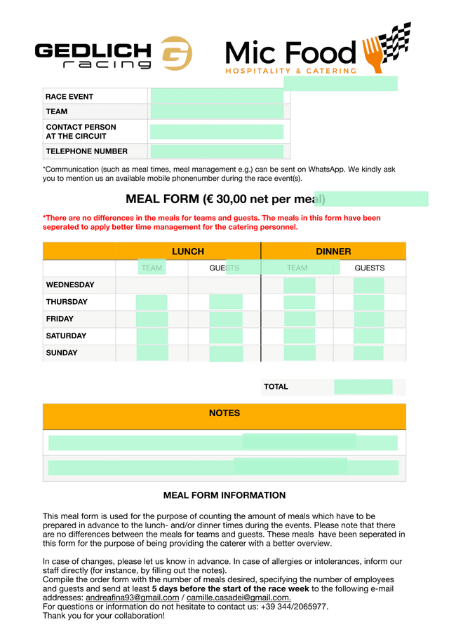 MEAL FORM screenshot