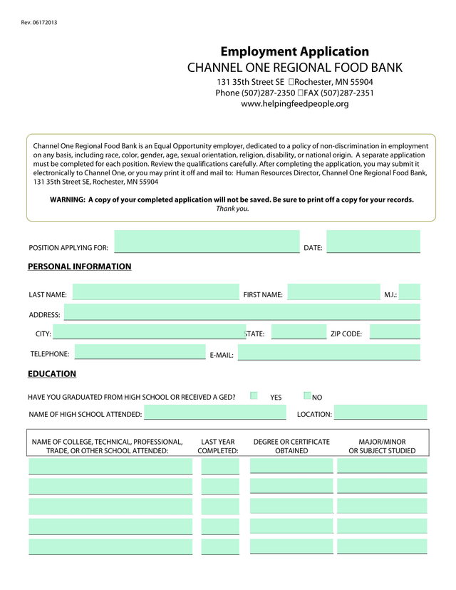 Employment Application screenshot