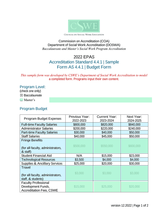 Form AS 4.4.1  Budget Form screenshot