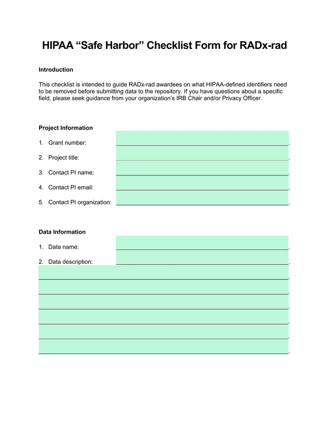HIPAA Safe Harbor Checklist Form For RADx Rad screenshot