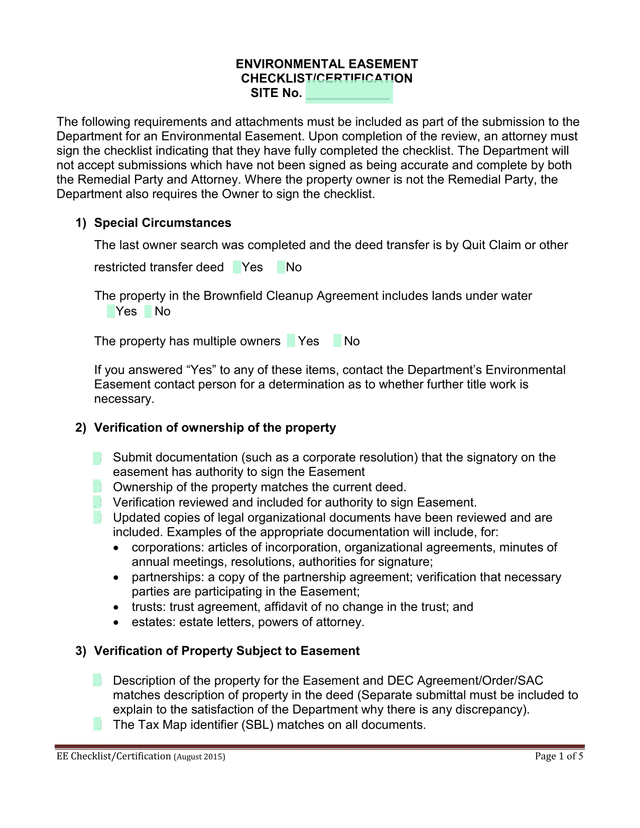 Environmental Easement ChecklistCertification screenshot