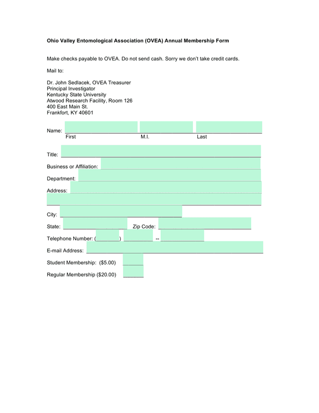 Ohio Valley Entomological Association (OVEA) Annual Membership Form screenshot