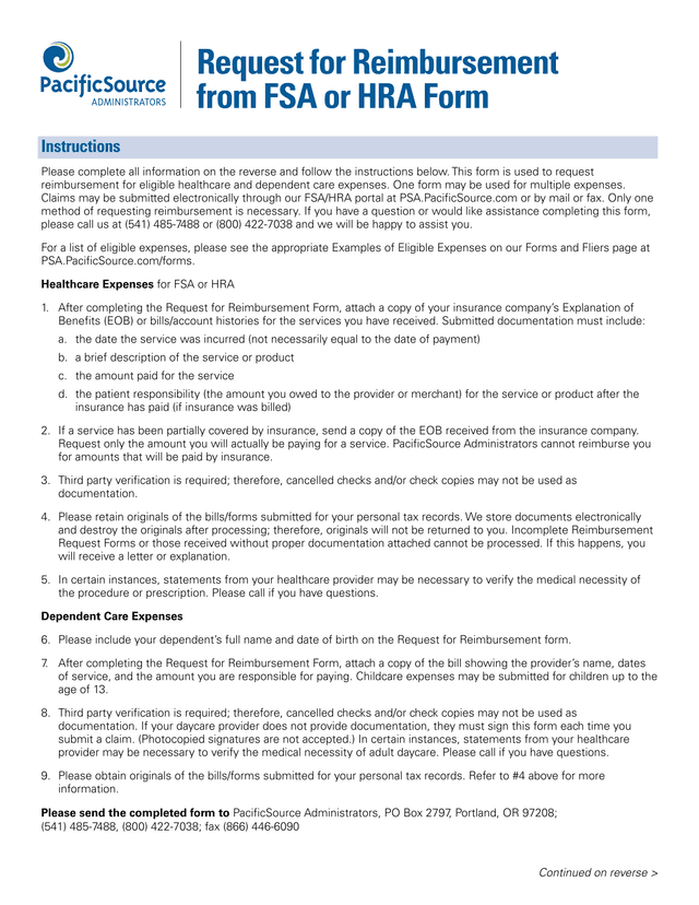 Request For Reimbursement From FSA Or HRA Form screenshot