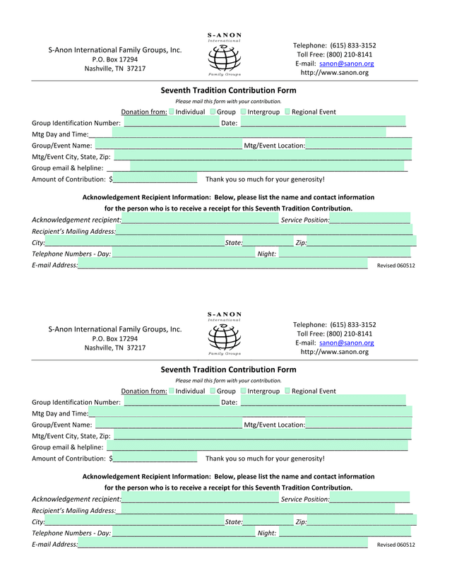 Seventh Tradition Contribution Form screenshot