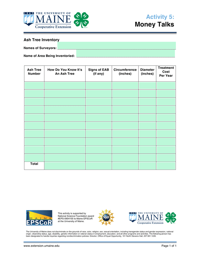 Activity 5 Money Talks Ash Tree Inventory screenshot