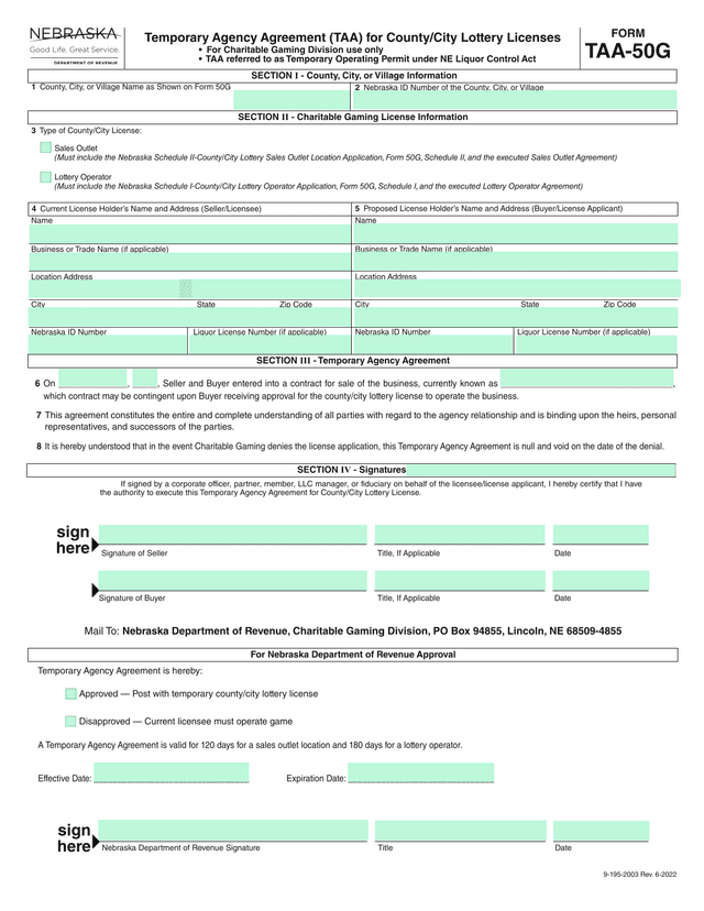 TAA 50G Temporary Agency Agreement For CountyCity Lottery Licenses screenshot