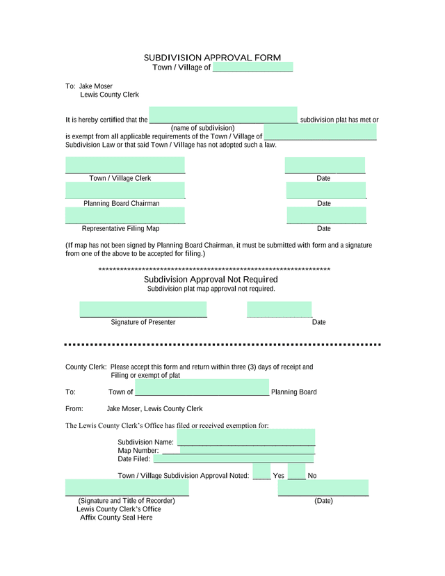 Subdivision Approval Form screenshot